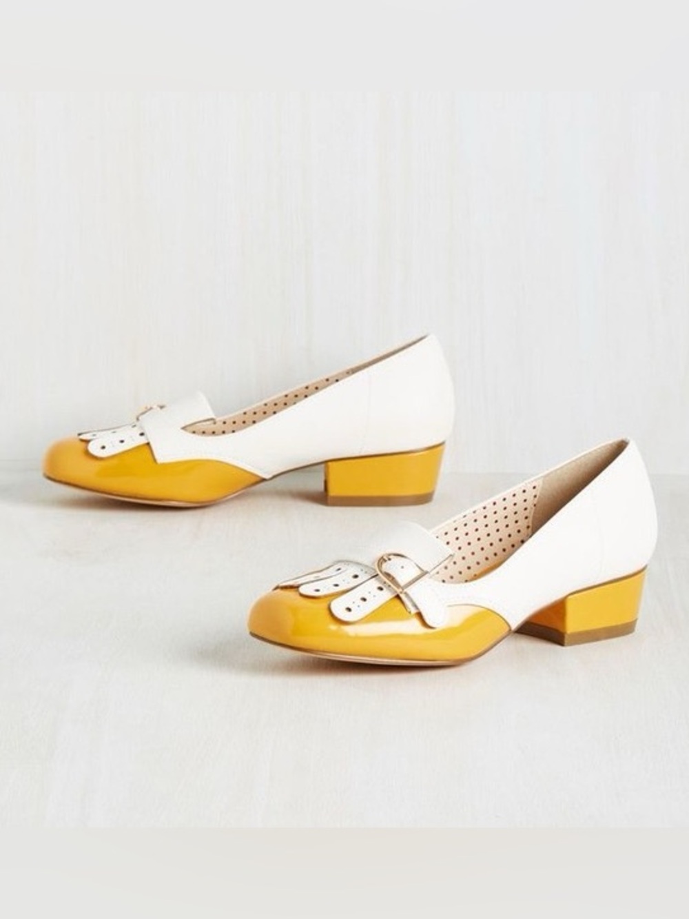 Modcloth “Eclectic Class Flats” White and Yellow Retro Style Loafers
